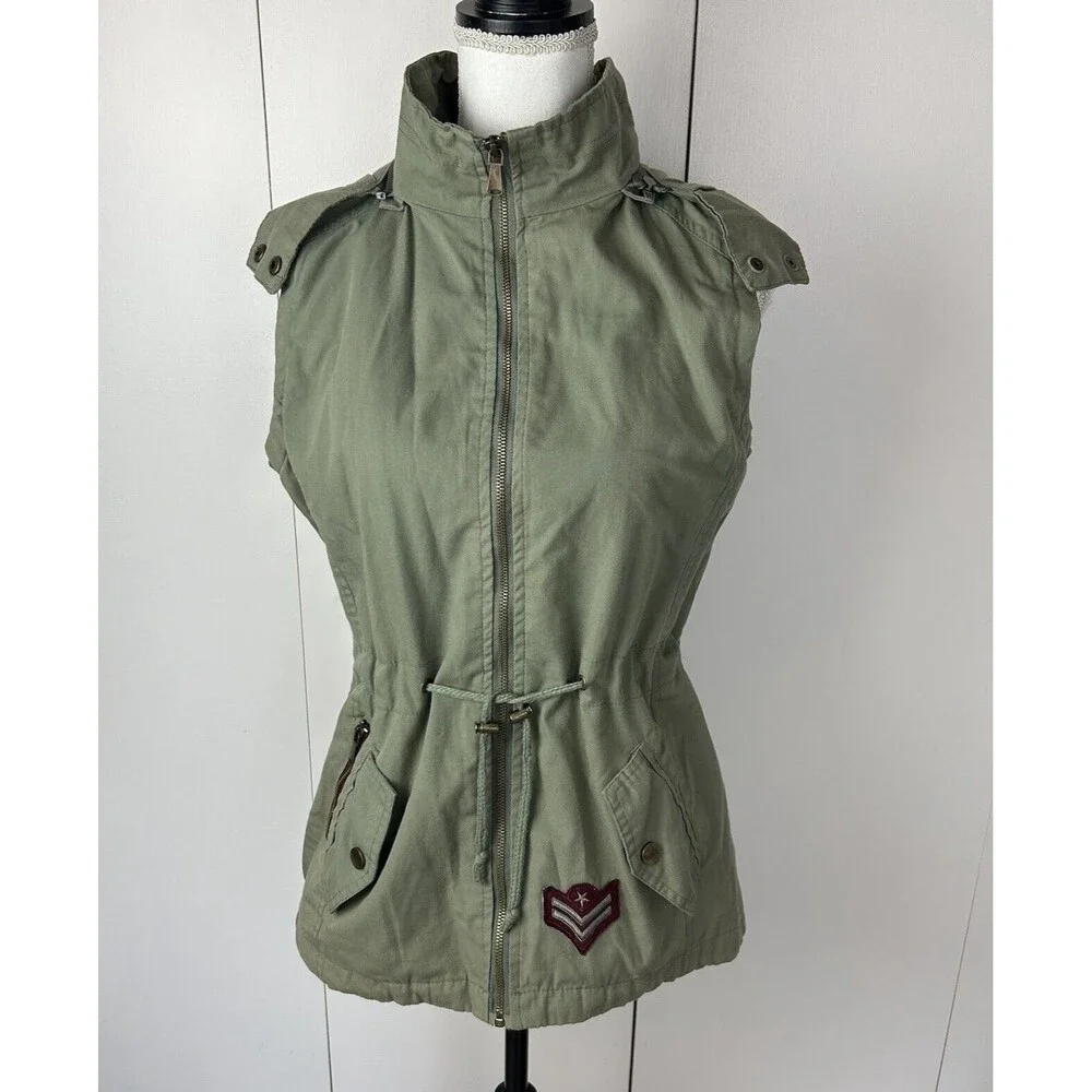 YMI Collection Removable Hood Full Zip pockets Cargo Vest Jacket Sz S Army Green